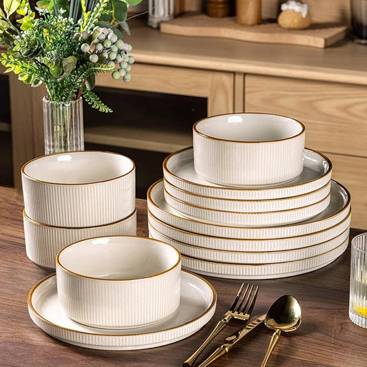 GBHOME 12-Piece Stoneware Dinnerware Set for 4 – Ribbed Ceramic Plates and Bowls, Scratch-Resistant, Microwave & Dishwasher Safe, Reactive Glaze, White with Honey-Brown Edge