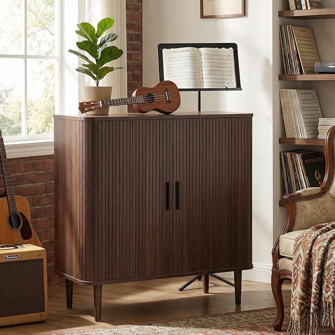 AKMAKM 35" Fluted Accent Buffet Cabinet, Walnut Small Storage Sideboard with Sliding Door, Mid Century Modern Credenza with Solid Wood Leg, Wine Coffee Bar Console Table for Kitchen, Entryway, Living