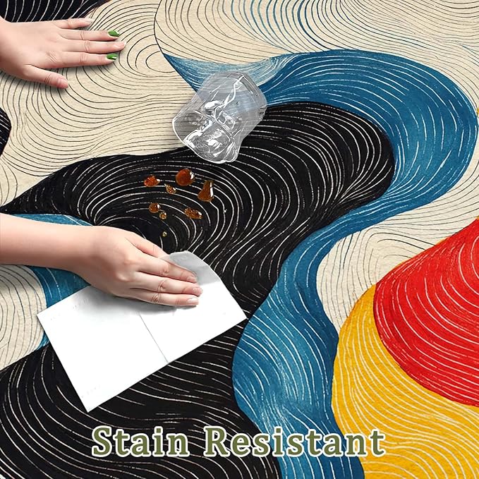 8x10 Colorful Area Rug Modern Abstract Black White Blue Beige Red Yellow Bedroom Rug Soft Low Pile Thin Large Carpet Living Room Non Slip Dining Room Stain Resistant Office Washable Machine