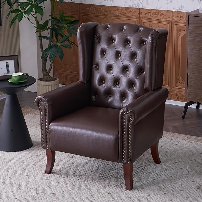 MOJAY PU Leather Accent Chair, Mid-Century Living Room Sofa Chair, Upholstered Arm Chair with Sturdy Wooden Legs, Faux Leather Club Chair for Bedroom Study Home Office Reception (Caramel)