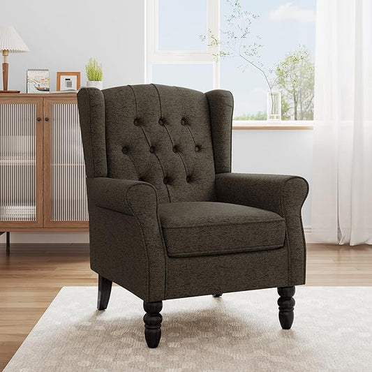Accent Chair, High Back Upholstered Chair with Button Tufted, Mid-Century Modern Comfy Wingback Chair Reading Armchair in Fabric for Living Room for Bedroom, Office-Taupe