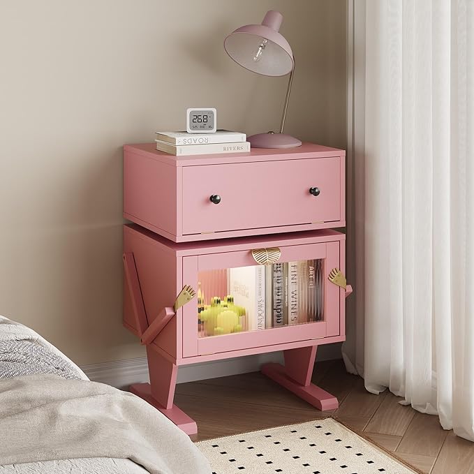 RoyalCraft Large Nightstand Set of 2 with LED Lighs, Pink End Table with 360°Rotating Drawer, Modern Bedside Table with Storage, Wood Night Stand for Bedroom, Home Office, Pink