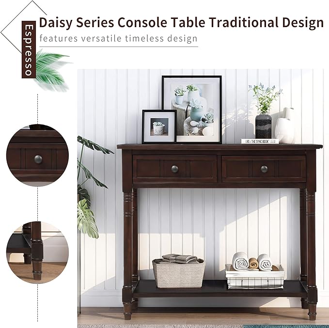 SOFTSEA Farmhouse Console Table with Drawers & Shelf, 35" Entryway Table with Storage, Solid Wood Sofa Couch Table for Hallway, Espresso