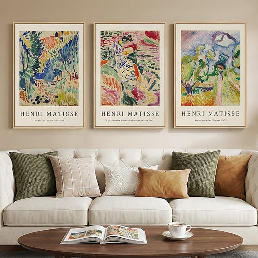 Large Framed Matisse Wall Art for Living room, Set of 3 Colorful Abstract Landscape Canvas Artwork for Walls, Retro Vintage Matisse Famous Paintings Prints Pictures for Bedroom, Hallway Home Office, Total Size 30x60