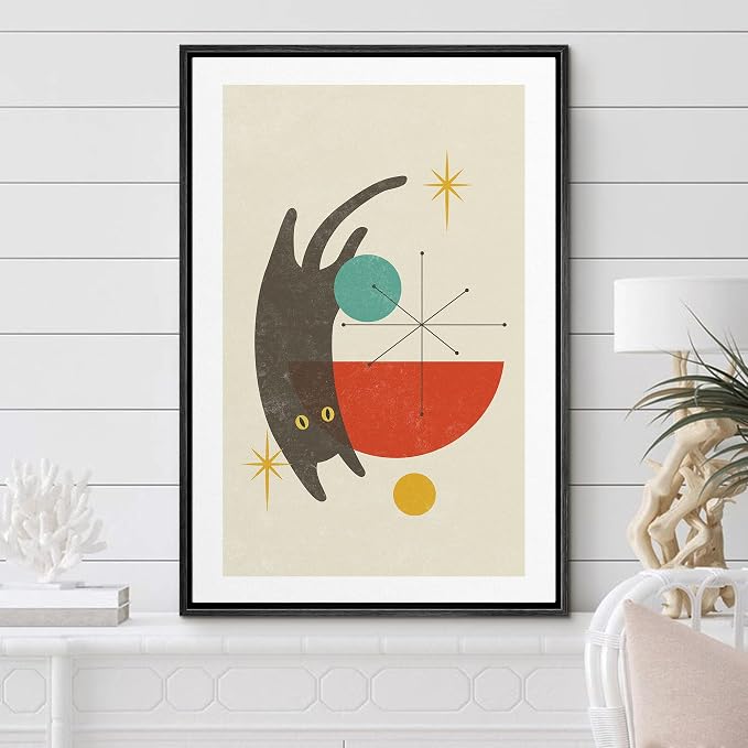 Woodrose Framed Canvas Print Wall Art Geometric Symbol Cartoon Black Cat Animals Shapes Illustrations Modern Minimalist Chic Relax/Calm Multicolor for Living Room, Bedroom, Office - 24"x36" Black