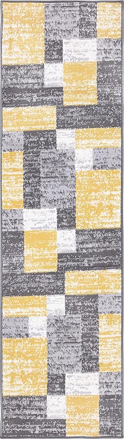 Rugshop Oslo Modern Yellow Runner Rug, Geometric Box Design, Fade-Resistant Carpet for Hallway or Kitchen, 2' x 7'