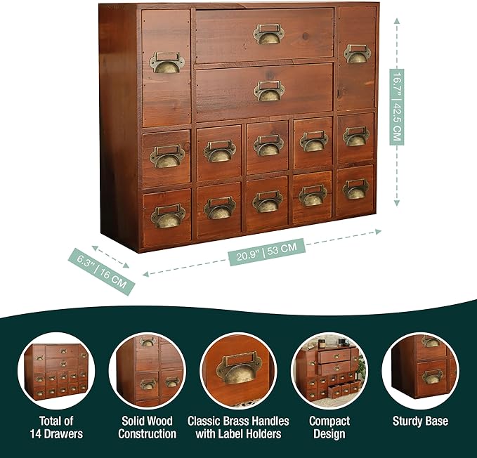 14-Drawer Apothecary Cabinet - Index Card Organizer - Miniature Chest of Drawers - Brass Handle Organizer - Kids' Arts and Crafts Storage - Wooden Desktop Drawer Organizer
