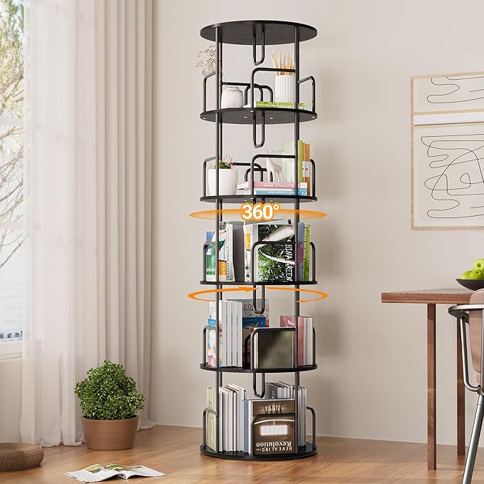 YZU Rotating Bookshelf 5 Tier 360 ° Display Spinning Bookshelf Tower, Revolving Bookcase Narrow Space Saving Swivel Book Shelf Corner Storage Organizer for Bedroom, Living Room Corner, Office