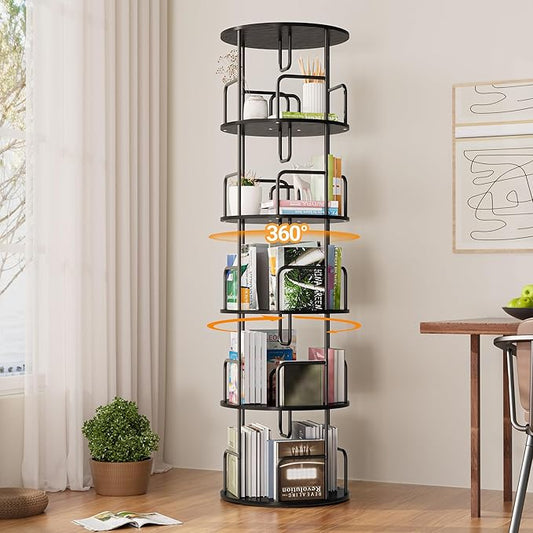 YZU Rotating Bookshelf 5 Tier 360 ° Display Spinning Bookshelf Tower, Revolving Bookcase Narrow Space Saving Swivel Book Shelf Corner Storage Organizer for Bedroom, Living Room Corner, Office