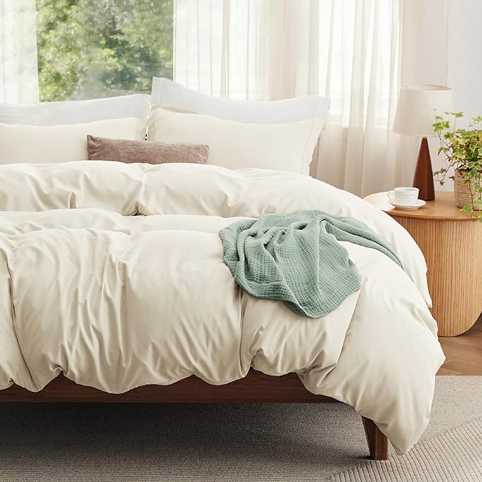 Bedsure Duvet Cover King Size with Fitted Sheet - 4 Pieces Prewashed Cotton-Like Soft Bedding Set, Includes 1 Duvet Cover 104x90 Inches with Zipper Closure, 2 Pillow Shams, 1 Fitted Sheet, Oat Milk