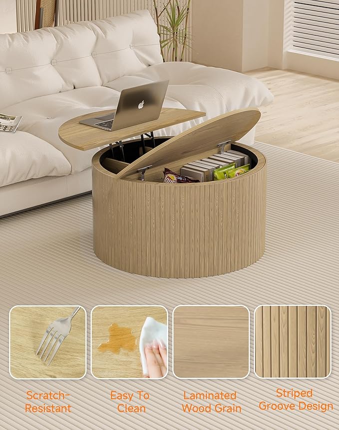 Fluted Round Coffee Table with Lifting Top, 31.5" Oak Small Circle Coffee Table with Storage for Living Room