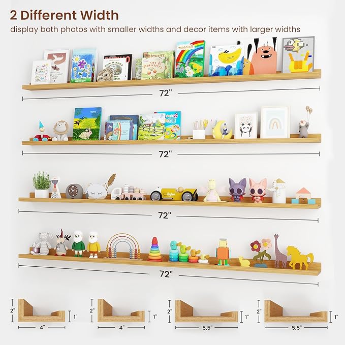 Axeman 72 Inch Floating Shelves | Oak Picture Ledge Shelf Set of 4 | Rustic Wood Wall Shelves with Lip | 72" Oak Picture Shelves for Wall with Ledge | Photo Shelves