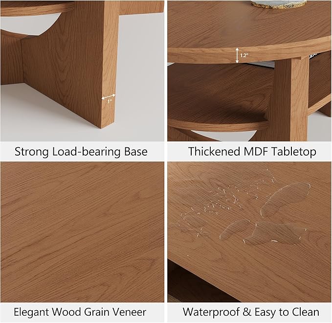 Mid Century Modern Coffee Table, 47" Oval Wood Coffee Tables for Living Room, 2 Tier Curved Round Center Table with Storage Shelf & Sturdy Base, Minimalist Retro Tea Tables, Cherry