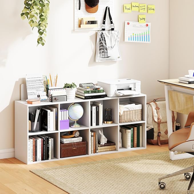 Tangkula 8-Cube Bookcase, Large Floor Standing Horizontal Bookshelf with 8 Open Shelves & 2 Anti-Tipping Kits, Home Office Wooden Storage Book Shelf for Living Room, Study (White, 8-Cube)