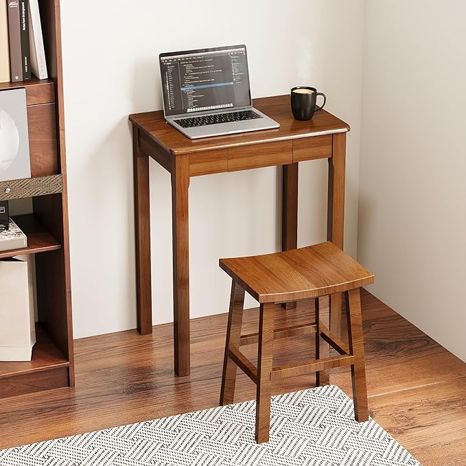Solid Wood Desk with Drawers - 23.6" Narrow Desks for Small Spaces, Mid Century Modern Desks, Small Wooden Vintage Computer Writing Desk, Study Table for Home Office Bedroom, Walnut