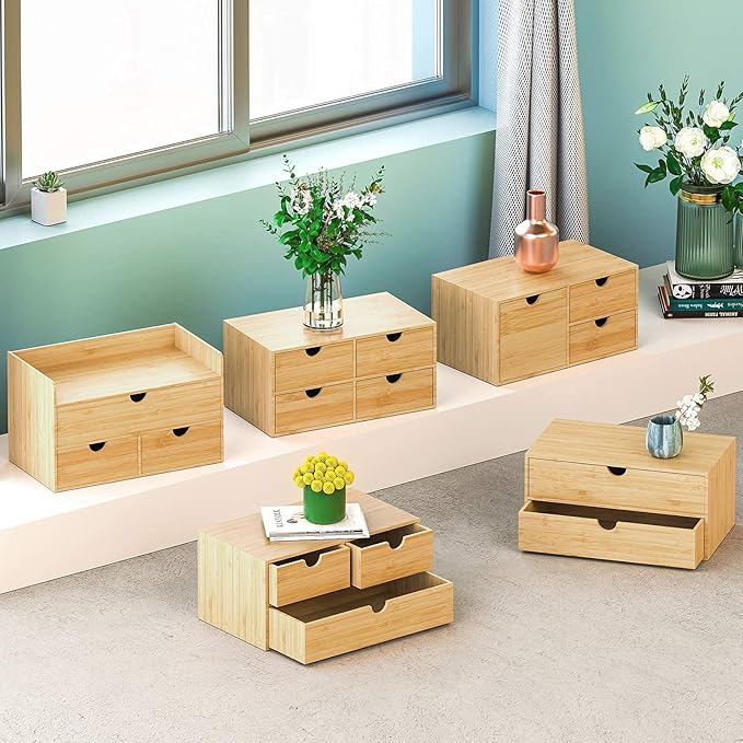 Wisuce Bamboo Desk Organizer - Mini Desktop Drawer Tabletop Storage Organization Box for Office Home Toiletries Supplies, No Assembly Required (3 Drawer with big drawer)
