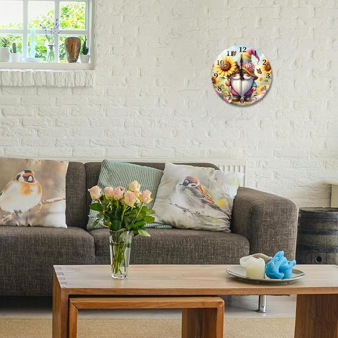peacoblue Wall Clocks Battery Operated 12 Inch Flowers and Gnome Glass Round Wall Clock Non Ticking for Kitchen Living Room Dining Room Bedroom and Bathroom Decor Accessories (Battery not Included)