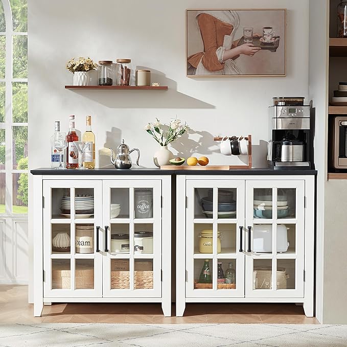 Sideboard Buffet Cabinet with Storage, 32" Farmhouse Kitchen Coffee Wine Bar Cabinet with 2 Glass Doors, Wood Mid Century Modern Side Board Table for Dining Room, Living Room, White