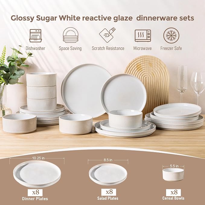 GBHOME Stoneware Dinnerware Sets, Plates and Bowls Set for 4 (12 Pieces) – Scratch Resistant, Microwave & Dishwasher Safe, Reactive Glaze, Sugar White
