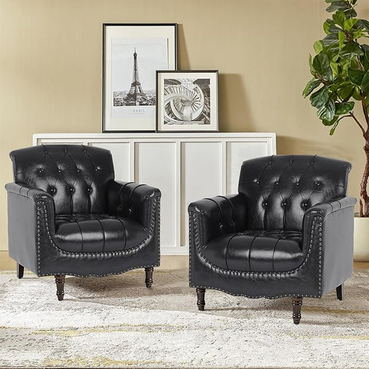 Pia Ricco Faux Leather Armchair Set of 2, Modern Accent Chairs with Nailhead Trim and Solid Wood Legs, Upholstered Comfort for Living Room, Office, Bedroom - Bule Black