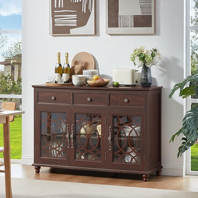 Farmhouse Sideboard Buffet Cabinet Set of 2 with Storage,48" Large Credenza with 3 Glass Doors & 3 Drawers,Adjustable Shelves Console Table,Wood Kitchen Coffee Bar for Dining Room,Walnut