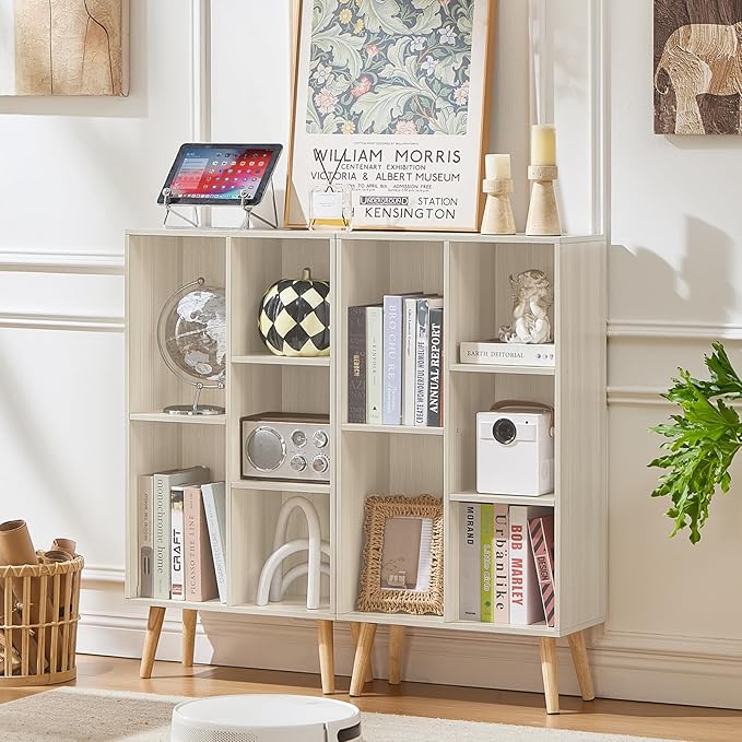 LEYAOYAO 5 Cube Bookshelf 3-Tier Bookcase with Legs,Mint Light Grey White Book Shelf Cute Storage Organizer,Free Standing Open Toy Shelves Wood Bookshelves,Display Bookcases for Bedroom,Living Room