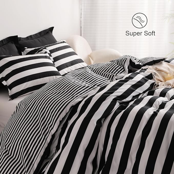 NTBAY 3 Pieces Duvet Cover Set King Size, Reversible Zipper Comforter Cover with 4 Corner Ties and 2 Pillow Shams, Soft Brushed Microfiber Comforter Cover Set with Black and White Striped Printed