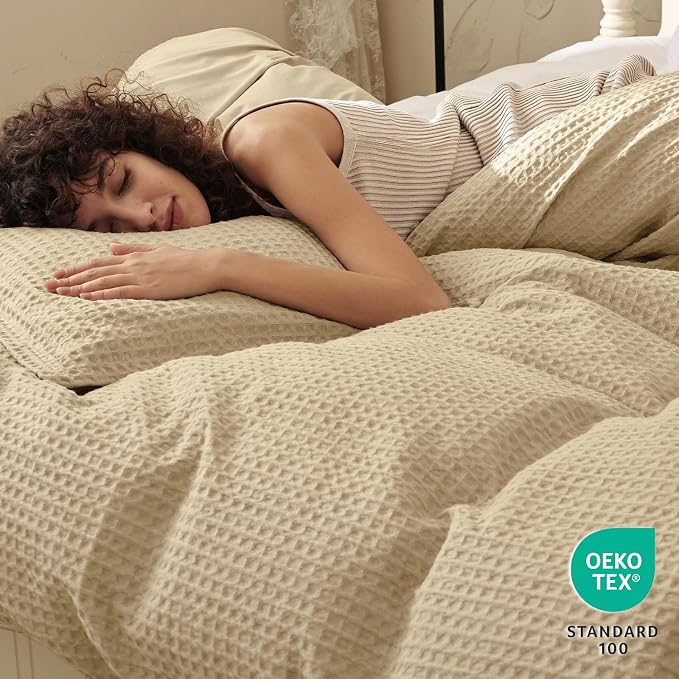 PHF Waffle Weave Duvet Cover Set King Size, No Snagging Ultra Soft Luxury Textured Breathable Comforter Cover for All Season 3pcs, Durable Bedding Duvet Set with 2 Pillow Shams, 104"x90", Khaki