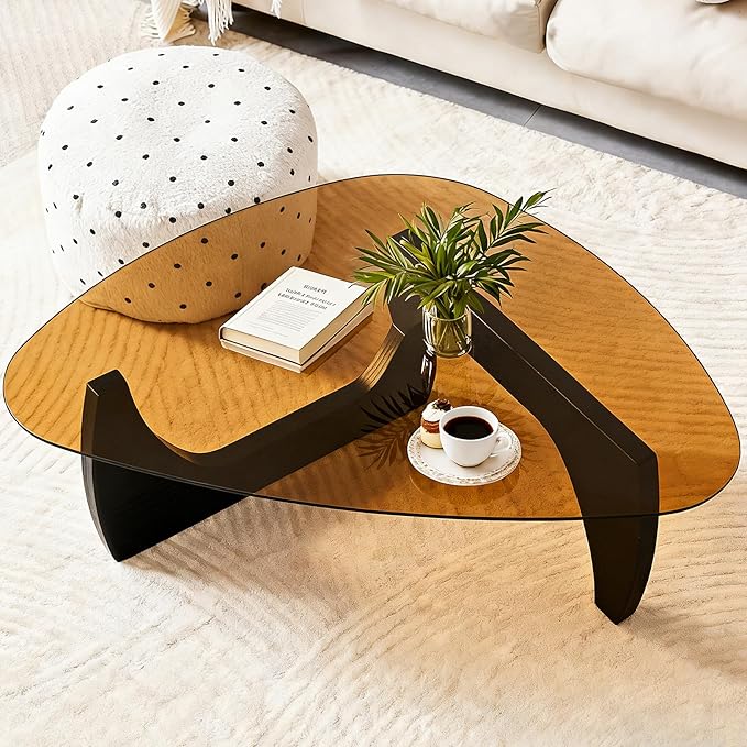 Coffee Tables for Living Room, Small Oval Center Table with Triangle Tempered Glass Top, Solid Legs, Tea Table for Office Small Space