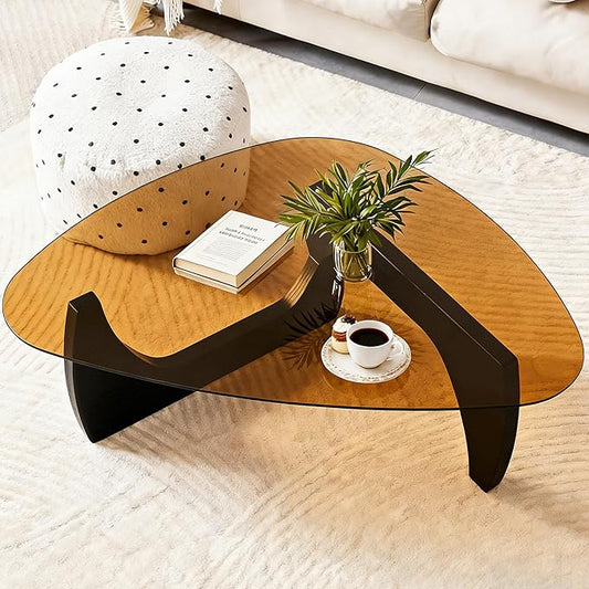 Coffee Table Glass, mid Century Modern Black Coffee Table with Brown Glass Top & Wood Legs, Compact Abstract Center Tables for Living Room, Home, Small Space