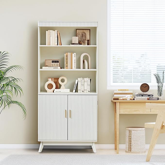 68" Fluted Tall Bookcase with Storage Cabinet,Mid-Century Modern 5-Tiers Arched Bookshelf Cabinet with Doors,Arched Bookcase with Open Display Storage Shelf for Home Office Bedroom Living Room, Beige