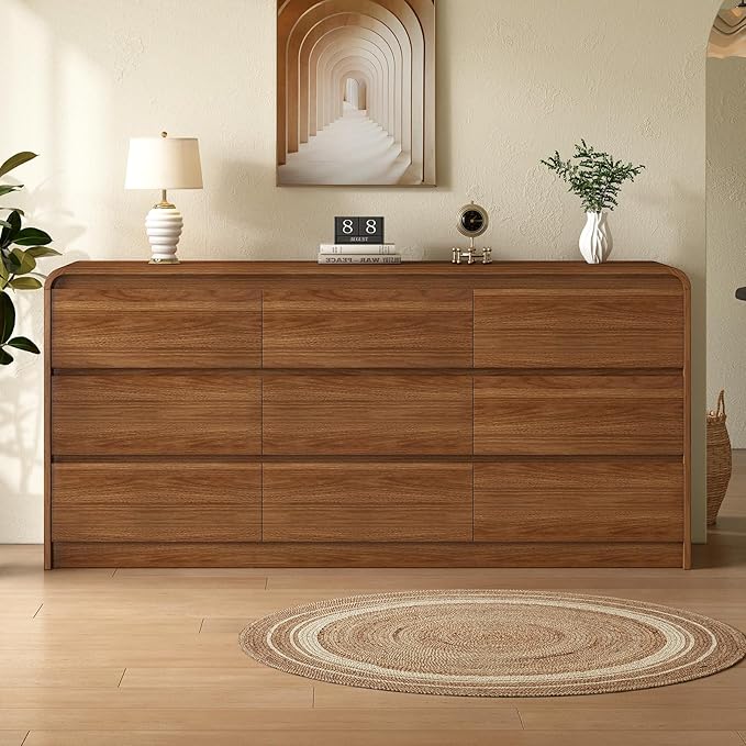 9 Drawer Dresser For Bedroom 63 Inch Wood Chest of Drawers - Curved Anti Collision, Mid Century Dresser For Closet with Natural Texture & Pre-Embedded Slots for TV Stand, Living Room, Nursery