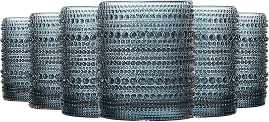 Blue Hobnail Drinking Tumbler | Set of 6 | 11 OZ Bubble Design Vintage Glassware, Beverage Glasses Bubble Water, Wine, Old Fashioned Cocktail, Whiskey Rocks Glass Cup, Elegant Glassware Gifts For Home