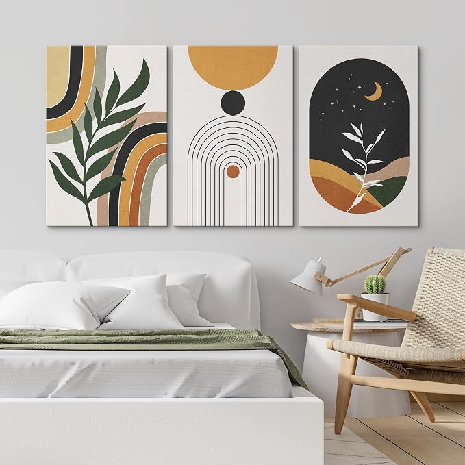 wall26 Canvas Print Wall Art Set Boho Mid-Century Crescent Moon Plant Landscape Nature Abstract Illustrations Modern Art Bohemian Decorative for Living Room, Bedroom, Office - 16"x24" x 3