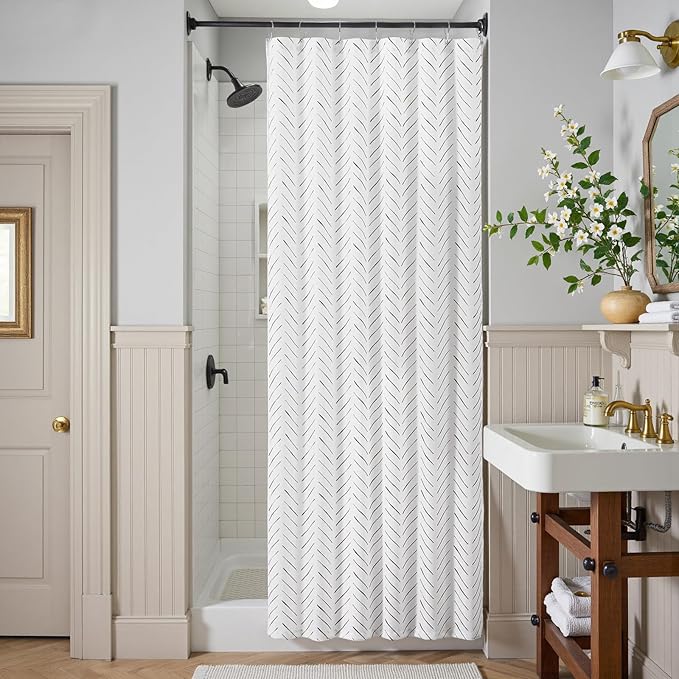 jinchan Small Stall Black and White Shower Curtain 36x72 Inches Inky Herringbone Chevron Zig Zag Waterproof Fabric Modern Farmhouse Shower Curtains for Bathroom with 7 Hooks