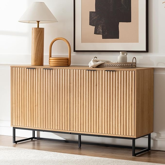 Fluted Storage Cabinet with 4 Doors, 55" Large Sideboard Buffet Cabinet with Adjustable Shelves Wooden Credenza Multifunctional Console Table for Dining Room Living Room, Natural Oak