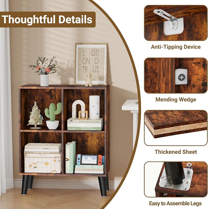 4 Cube Storage Organizer with Legs, 2 Tier Cube Low Bookcase Freestanding Storage Display Organizer for Home Office, Four-Cubes Open Shelf Bookshelf (Retro Brown, 4 Cube)
