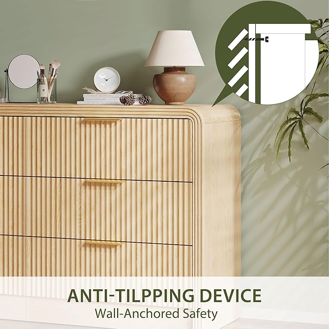 Fluted 6 Drawers Dresser for Bedroom,55'' Wide Wood Dressers with Gold Handles, Modern Dressers with Wave Texture, Large Storage Chest of Drawers, Bedroom Dresser Organizer (Natural Oak)