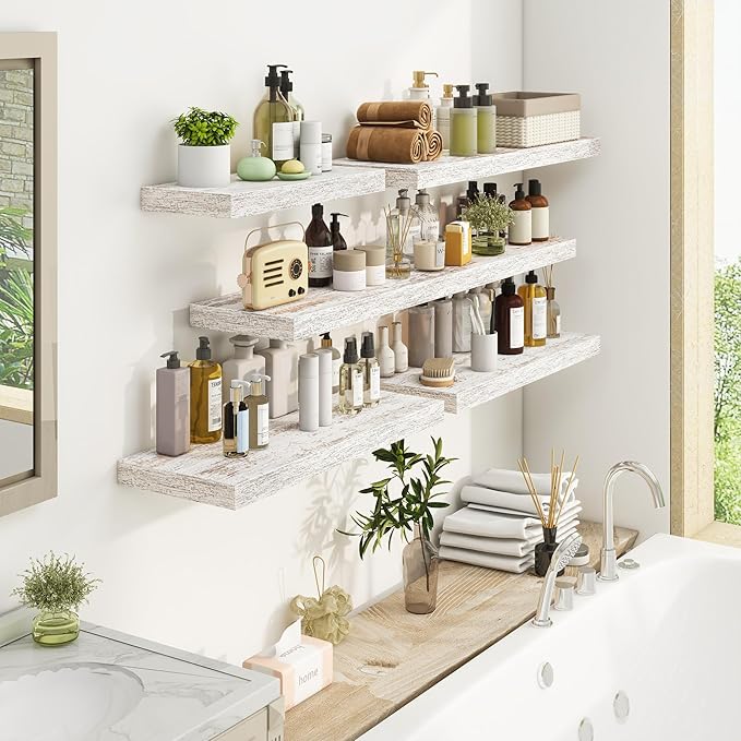 Fun Memories Deep Floating Shelves - 24" W x 9.3" D x 1.6" H Rustic Black Wall Shelf - Wall Mounted Shelves for Storage - Wooden Shelves with Invisible Brackets for Living Room, Farmhouse - Set of 2