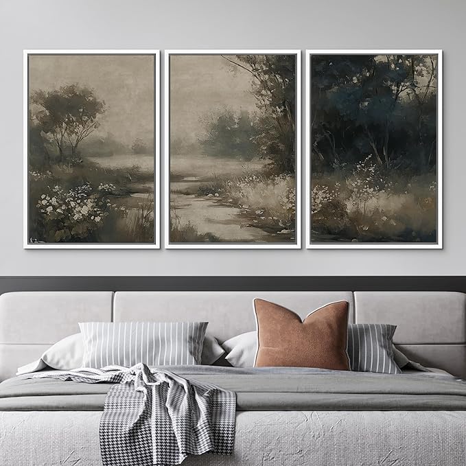 MUDECOR Framed Wall Art Print Set Vintage Landscape Subtle Forest and River in Earthy Tones Illustrations Modern Art Boho Decorative Colorful Chic for Living Room, Bedroom, Office - 16"x24"x3 White