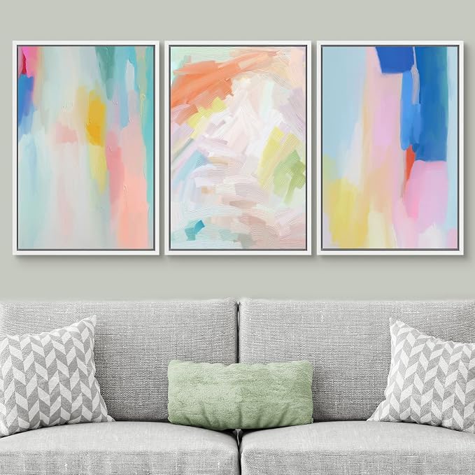 SIGNWIN Framed Canvas Print Wall Art Set Watercolor Pastel Rainbow Paint Stroke Shapes Abstract Illustrations Modern Art Decorative Nordic Calm/Zen for Living Room, Bedroom, Office - 16"x24"x3 White