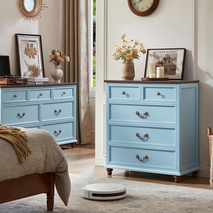 Farmhouse 5 Drawer Dresser Set of 2 for Bedroom, 35" Tall Rustic Chests of Drawers w/ 4 Solid Wood Feet, Mid Century Vintage Wooden Closet Storage Dressers Organizer for Living Room,Light Blue