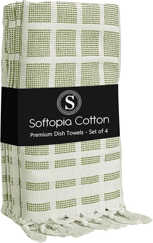 Matrix Dobby Kitchen Towels 4 Pack 100% Cotton, 16x26 Inches, Fast Drying, Absorbent Dish Towels with Handmade Tassels, Reusable Cleaning Cloths for Daily Use - Mint Green, White