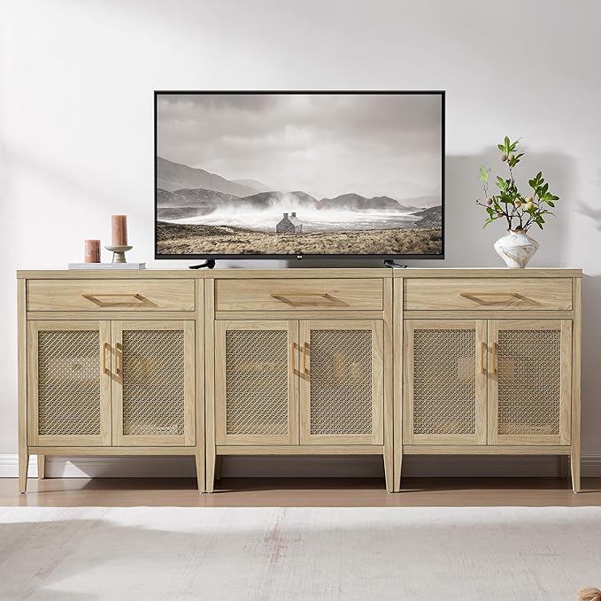 SICOTAS 30" Kitchen Sideboard Buffet Cabinet with Storage, Modern Coffee Bar Cabinet with Adjustable Shelves & Gold Mesh Doors, Storage Cabinet with Drawer for Living Room, Dining Room, Light Walnut