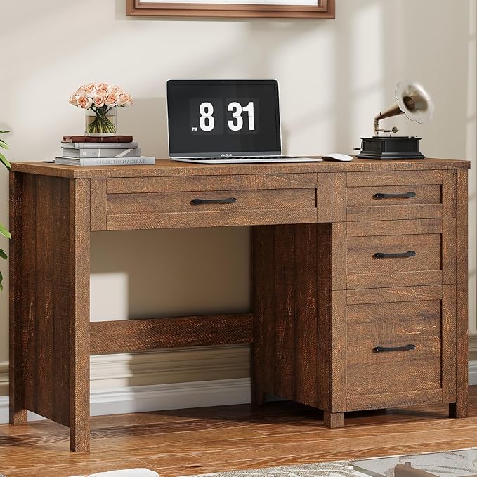 Vabches Farmhouse 47" Executive Desk, Computer Desk with File Drawer and Charging Station, Workstation for Home Office, Study.Red-Brown