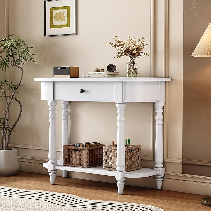 SOFTSEA Curved Corner Console Table with Drawer, 36" Entryway Table with Open Storage Shelf, Retro Curved Enterway Table with Storage, Save Space, White