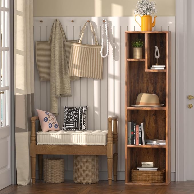 VECELO 4-Tier Bookcase, Modern Storage Cabinet with Height Difference Shelves for Standard Textbooks, 5 Cubes, Vertical or Horizontal, Easy Assembly, Rustic Brown