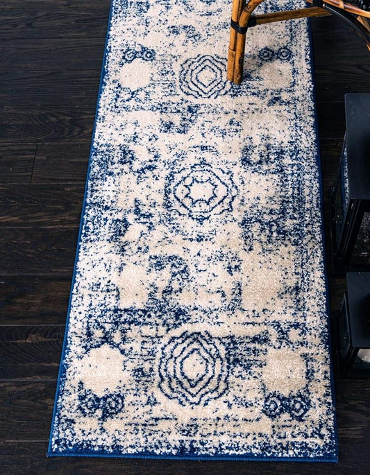 Unique Loom Bromley Collection Area Rug - Wells (2' x 13' 1" Runner, Ivory and Blue/ Ivory)