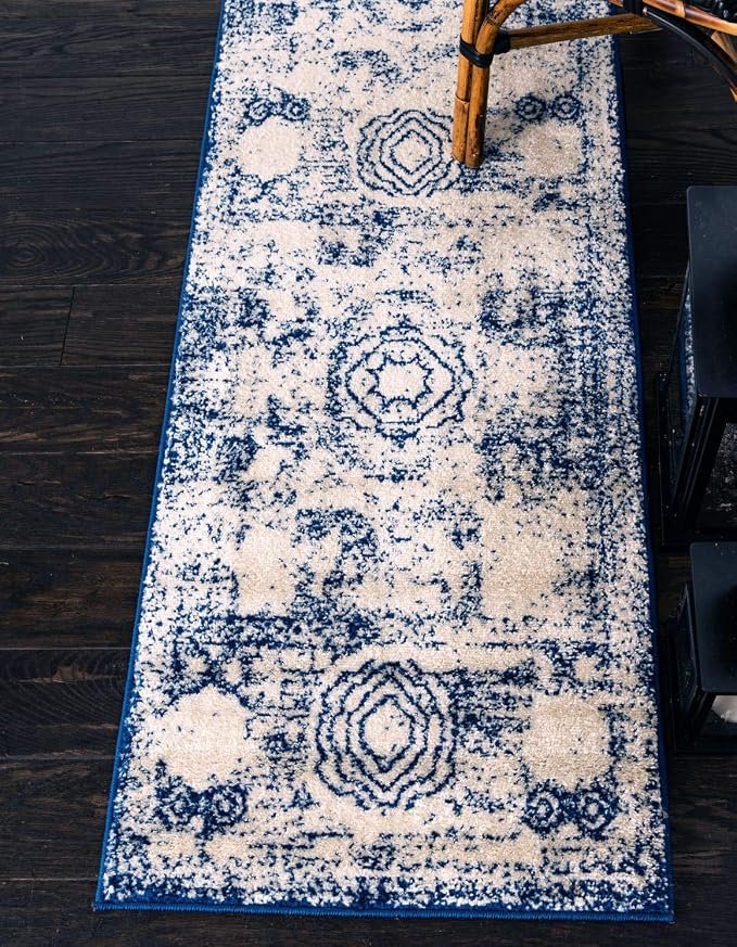 Unique Loom Bromley Collection Area Rug - Wells (2' x 8' 8" Runner, Ivory and Blue/ Ivory)