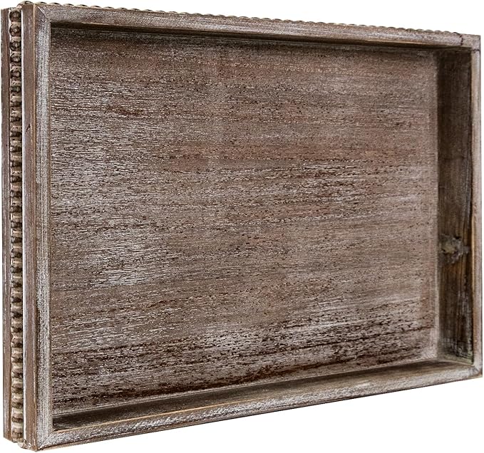 MAONAME Wood Serving Tray, Farmhouse Wooden Tray for Coffee Table, Rustic Rectangle Trays with Beads, Vintage Brown Decorative Trays for Living Room, Kitchen, 15.7" X 11.8" X 1.57"